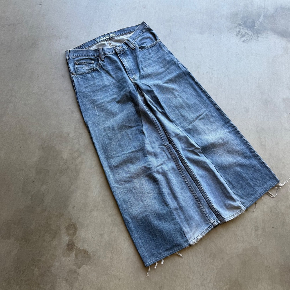 Lee Dungarees Relaxed Boot Custom Wide Leg Raw Hem Blue Denim Jeans 34x34